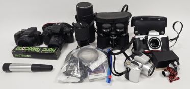 Collection of cameras and equipment including a Canon EOS 700, a Lumix FZ45, a Minolta Dimage Z1,