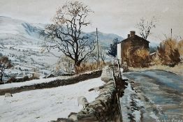 John Cooke (British, 1929 - 2018) Watercolour Winter landscape with snow-covered fields and