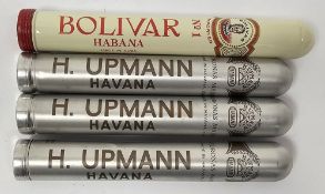 Three H Upmann Coronas Major Habana Cuban cigars, sealed in their canisters and a Bolivar no.1