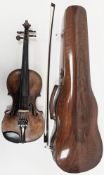 19th century violin, full size/4, two-piece back, carved scroll, ebonised finger boards, the