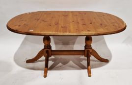 Pine extending dining table on two tripod pillars, 76cm high x 160cm long x 100cm wide and a set