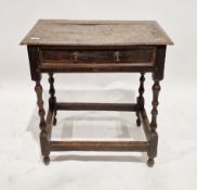 18th century oak side table, the rectangular top with thumb moulded edge, the single frieze drawer