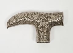 Late 19th / early 20th century Chinese white metal walking stick handle, with embossed decoration of