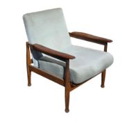 Mid-century teak reclining Manhattan easy chair designed by Guy Rogers, upholstered in a sage
