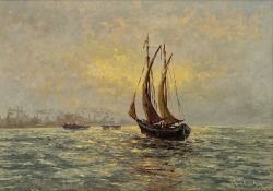 Rubohn (20th century)  Oil on canvas Sailing boat before industrial port, signed lower right, 50.5