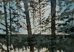 Gordon Mackenzie Watercolour Trees in lake landscape, framed and glazed, image size 25cm x 35cm
