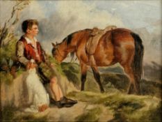 Style of David Farquharson (1840-1907) Oil on board Rural scene of boy resting on verge with dog and