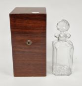19th century mahogany single decanter box of rectangular form, the hinged lid opening to a blue