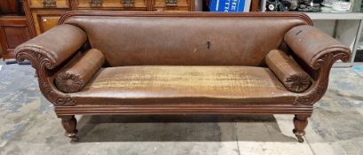 19th century mahogany framed double scroll ended Country House settee having a straight back,