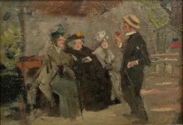 Erik Henningsen (Danish, 1855-1930) Oil on board Man holding a rose in front of three seated elderly
