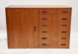Mid-century Danish-style teak veneer side cabinet comprising a bank of six drawers flanked to side