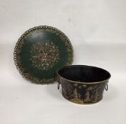 Toleware green circular tray with pierced gallery rail and hand-painted floral decoration, 50cm
