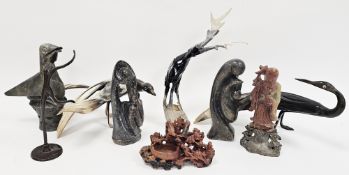 Collection of nine models and figures including Zimbabwean stone carved bird 24cm high, bronze