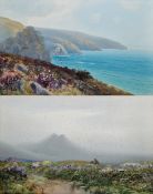 Herbert William Hicks (British, 1880-1944) Watercolour Coastal scene with view from top of cliffs,