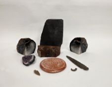 Polished Brazilian agate bookends 12cm high, amethyst crystal geode, section of petrified wood 15m