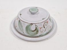 Ursula Waechter Aldermaston-style tin-glazed cheese dish and cover, with brushwork decoration,