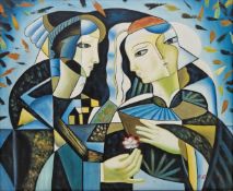 A. Romaro (20th century) Oil on canvas Cubist-style portrait of two woman, signed lower right,