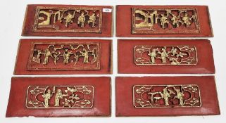 Six Chinese carved wood red lacquer and gilt rectangular panels, early 20th century, carved with