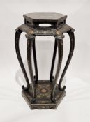 Chinese black lacquered jardiniere stand of hexagonal form, having chinoiserie decoration of a
