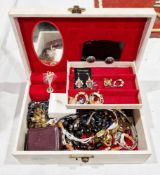 A jewellery box and contents of costume jewellery including enamel pendant earrings, bead necklaces,