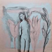 Elizabeth Hunter (b.1935) Gouache and pencil on card 'Nude with Lilies', signed lower left,