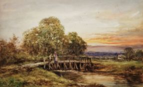 M.E. (late19th/early 20th century) Watercolour Rural scene at sunset with two figures on bridge,