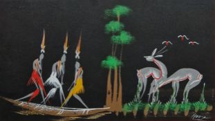 20th century African school Gouache on paper Three African tribal scenes with figures and animals,
