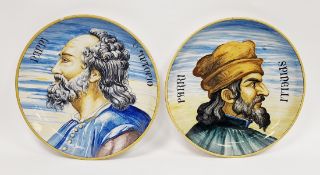 Two Cantagalli maiolica portrait chargers in the Urbino style, 20th century, each with manganese