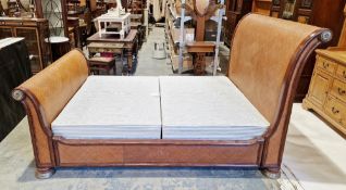 Mahogany framed kingsize sleigh bed with woven rattan upholstery, the scrolling ends to headboard