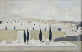 Pamela Boggs (contemporary) Acrylic on board 'Village in Andalusia', artist's label verso, image