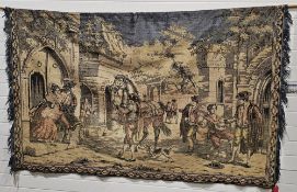 Five wall hangings including a Turkish blue and tan hanging decorated with a mihrab, 127cm wide,