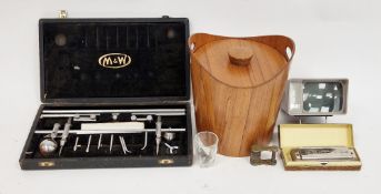 Mixed lot of collectable items including a retro teak ice bucket, 22cm high, Moore & Wright cased