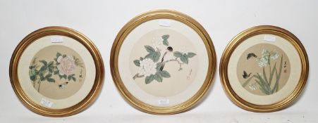 Three Chinese watercolours on silk depicting a bird perched on branch, and two of butterflies around