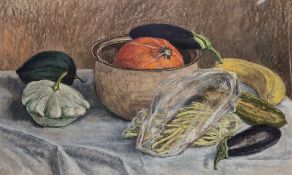 20th century school Patal on paper Still life of vegetables and pot, mount aperture 38 x 63cm