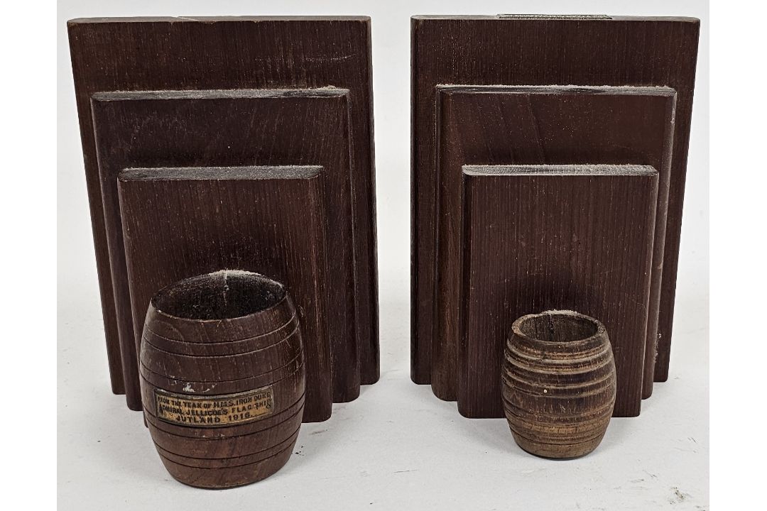 Two early 20th century salvaged timber bookends, made from the teak of H.M.S. Iron Duke (Admiral - Image 1 of 3