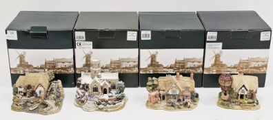 Four Lilliput Lane cottages including Lead kindly light in winter L2621, The old mill at Dunster