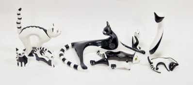 Collection of Cmielow china models of black and white cats, printed red AS marks, various numbers,