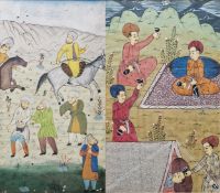 Late 19th/early 20th century Persian school Gouache on paper Miniature, figures and horseriders in