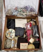 Leather suitcase and contents of costume jewellery including bead necklaces, compacts, diamante