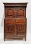 18th century oak court cupboard, the moulded cornice over a frieze with two drop finials, the two