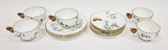 Minton porcelain butterfly-moulded part tea service, circa 1890, printed crowned pink globe marks,