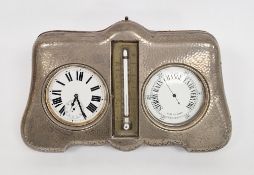 Edwardian silver mounted leather clock barometer desk stand, containing a goliath pocket watch,