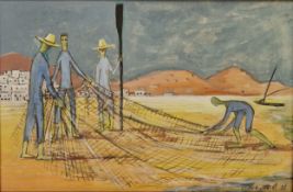 Clifford Marks (20th century) Watercolour and gouache Coastal scene with fishermen mending net,