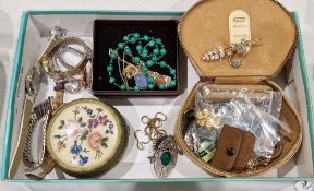 Collection of silver and costume jewellery including a malachite bead necklace, silver hallmarked