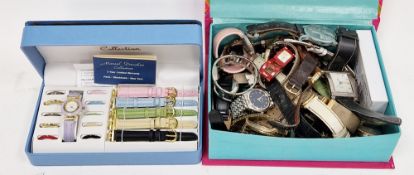 A Marcel Drucker watch set comprising a lady's strap watch with interchangeable bezels and straps,