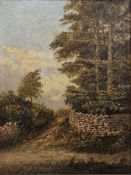 W.H. Hillier (19th century) Oil on canvas Rural scene of path, stone wall and gate in woodland,