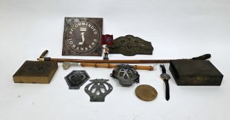 Mixed lot of collectable items including early 20th century riding crop with antler handle and white