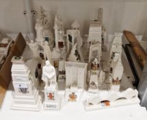 Collecion of crested china models of buildings, memorials and statues, various printed black factory
