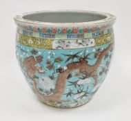 Chinese porcelain turquoise ground fish bowl, early 20th century, the interior painted with koi carp
