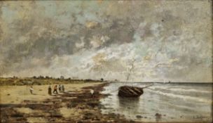 Karl Heffner (German, 1849-1925) Oil on board Coastal scene with figures and moored fishing boat,